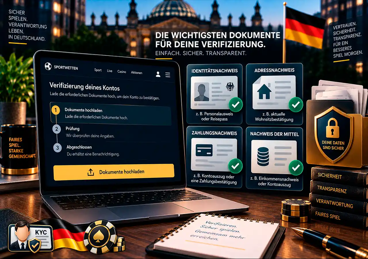 Vier KYC-Dokumentgruppen für Identität, Adresse, Zahlungsmethode und Herkunft der Mittel.