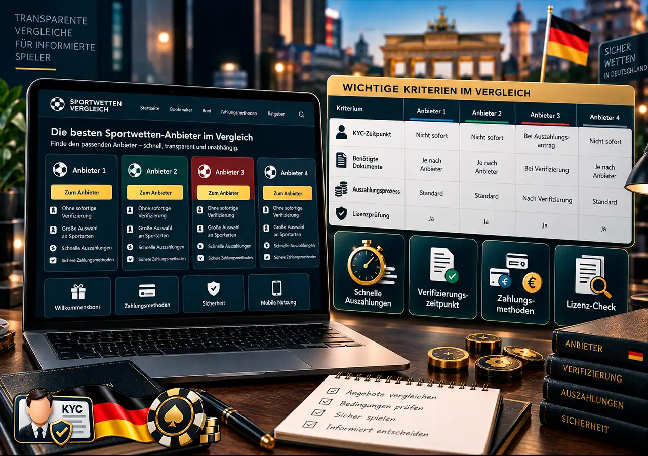 Wettanbieter im Vergleich nach KYC-Zeitpunkt, Dokumenten, Auszahlung und Lizenzprüfung.