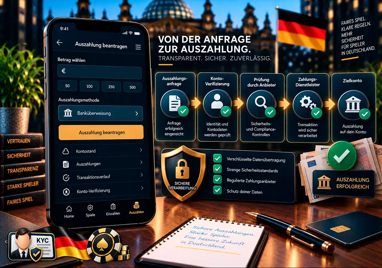 Technischer Auszahlungsweg vom Wettanbieter über Prüfung und Zahlungsdienst bis zum Zielkonto.