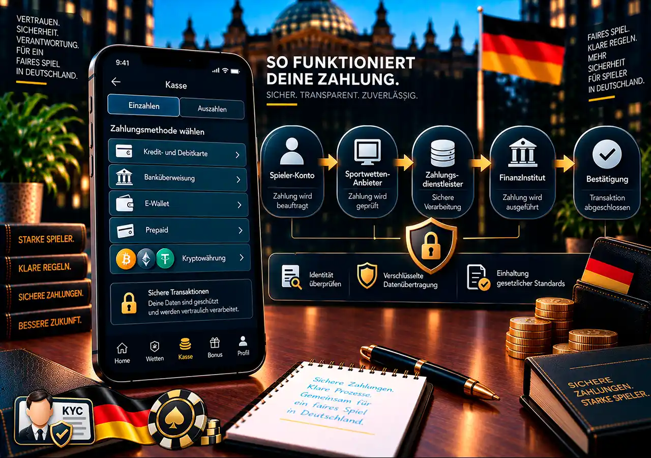 Technischer Zahlungsablauf vom Spielerkonto über die Wettanbieter-Kasse zum Zahlungsdienstleister.
