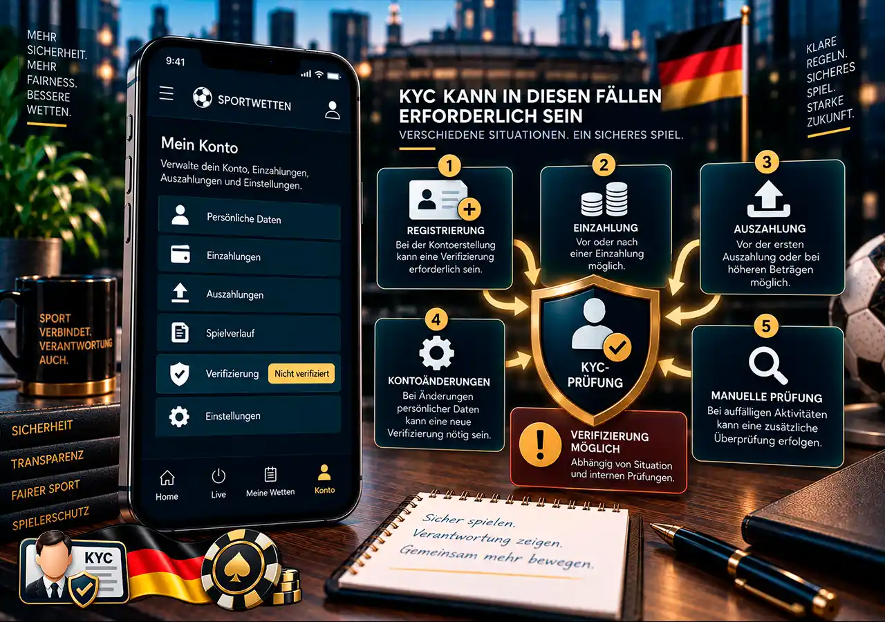 KYC-Prüfung kann bei Registrierung, Auszahlung, Kontoänderungen oder manueller Kontrolle starten.