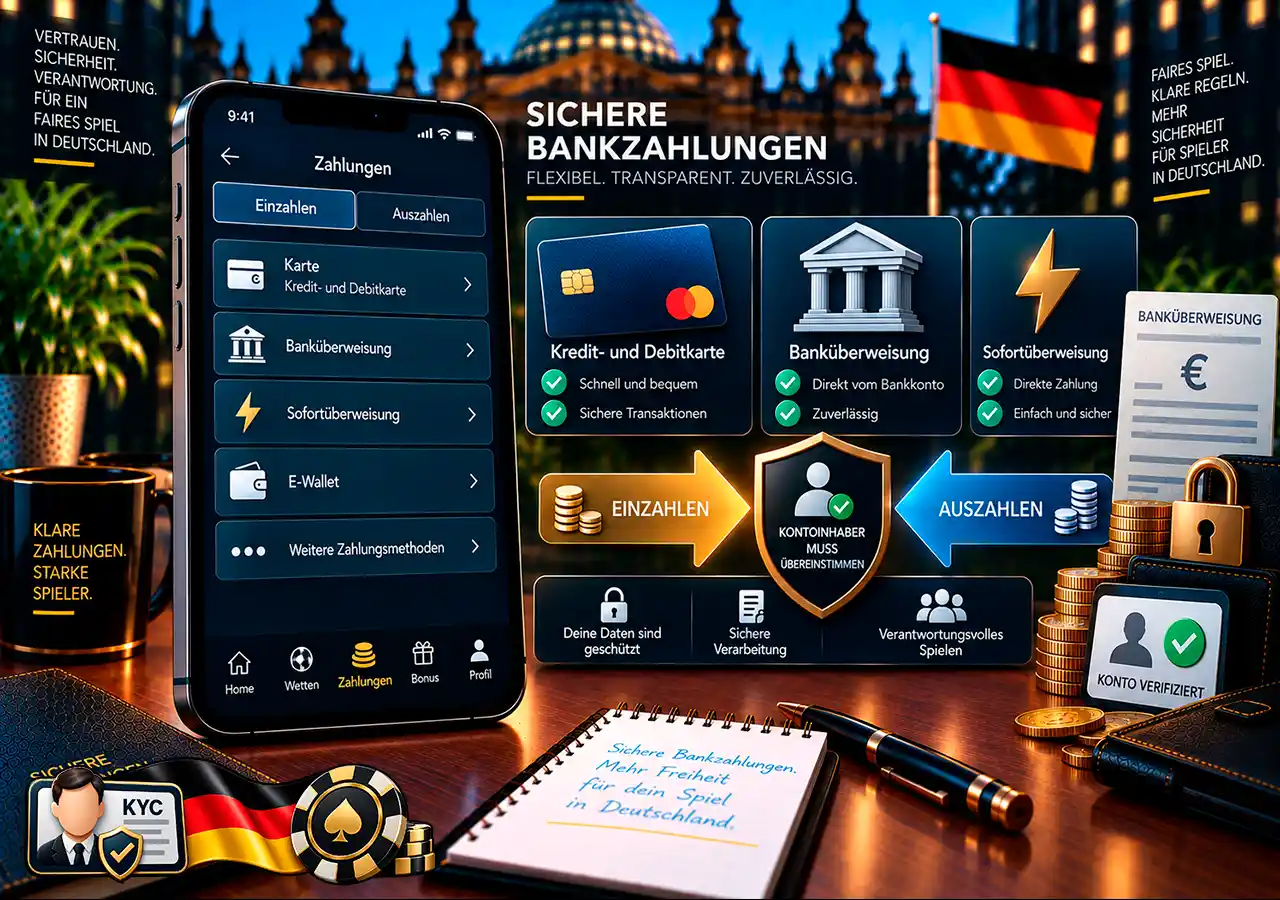 Karte, Banküberweisung und Instant Banking mit Prüfung der Zahlungskontoinhaberschaft.