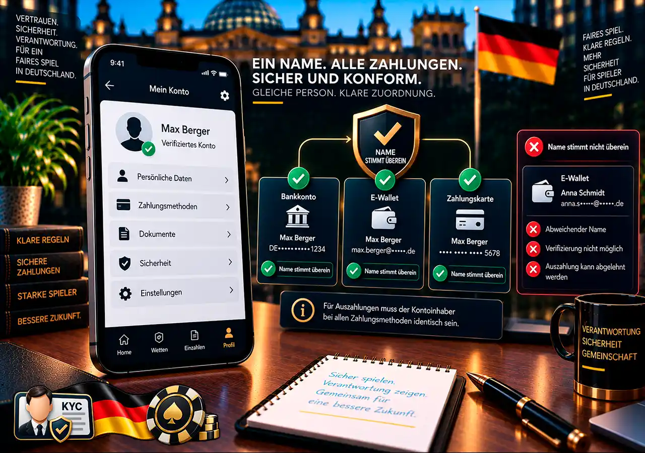 Namensabgleich zwischen Spielerprofil, Bankkonto, Zahlungskarte und E-Wallet-Konto.