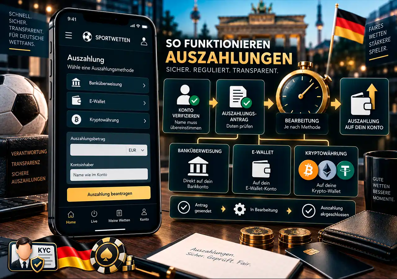 Auszahlung über Bank, E-Wallet und Krypto mit Kontoprüfung und technischen Verarbeitungsschritten.