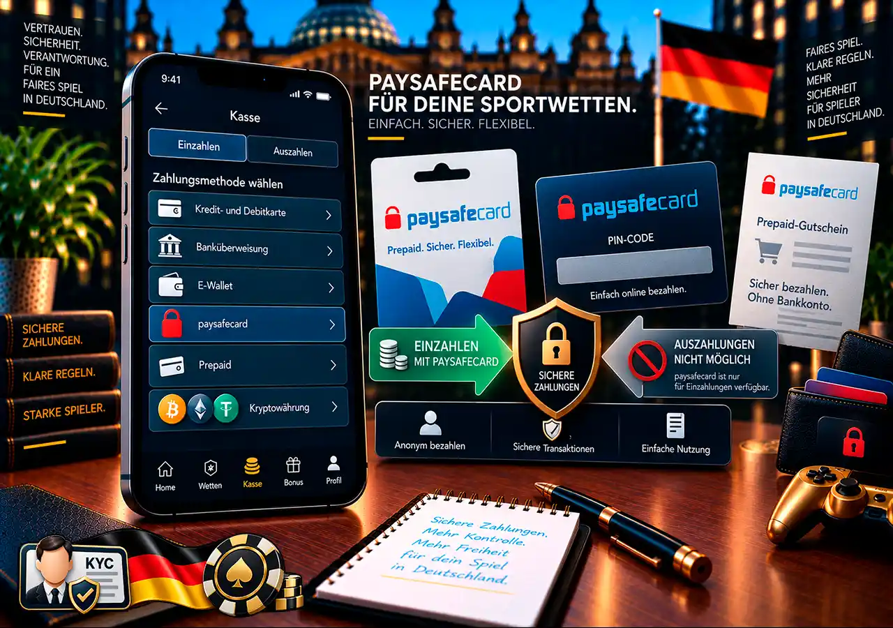 paysafecard für Einzahlungen beim Wettanbieter mit Prepaid-Gutschein und Sicherheitsprüfung.
