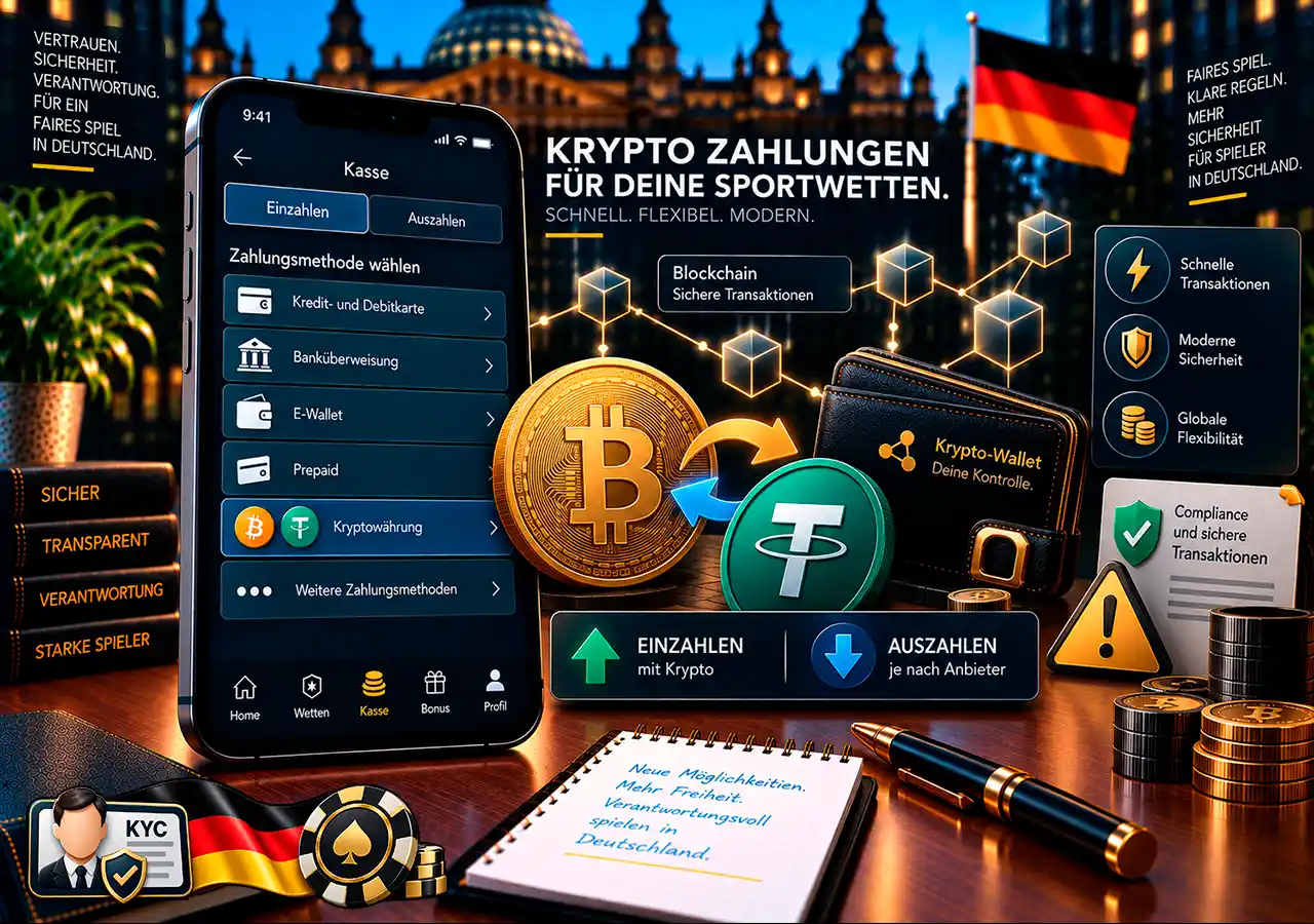 Bitcoin und USDT mit mobiler Wettanbieter-Kasse, Wallet und Blockchain-Transaktionsweg.
