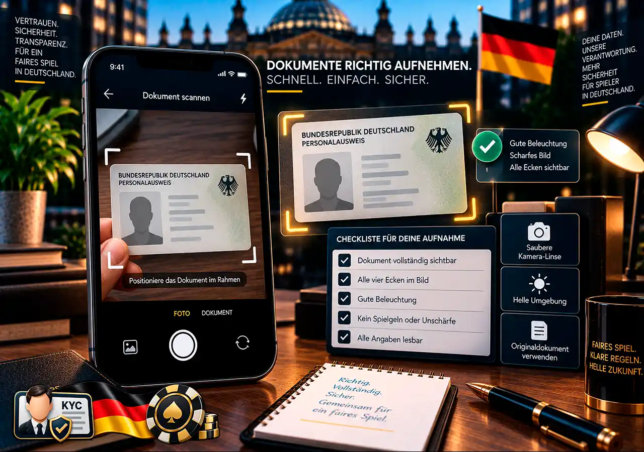 KYC-Dokumente richtig vorbereiten mit vollständigem Bildausschnitt, guter Beleuchtung und Lesbarkeit.
