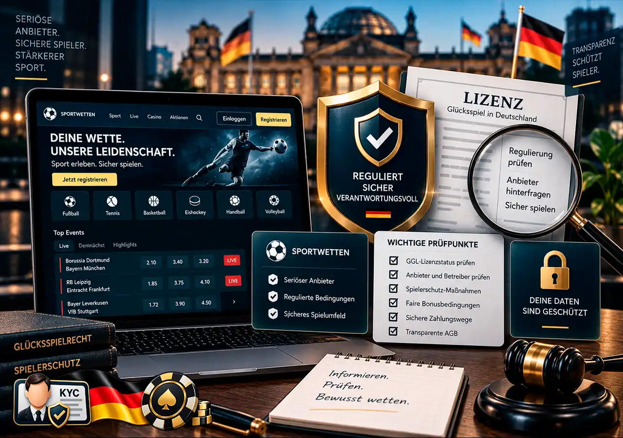 Wettanbieter-Lizenz mit Schutzschild und Checkliste zur Prüfung des regulatorischen Status.