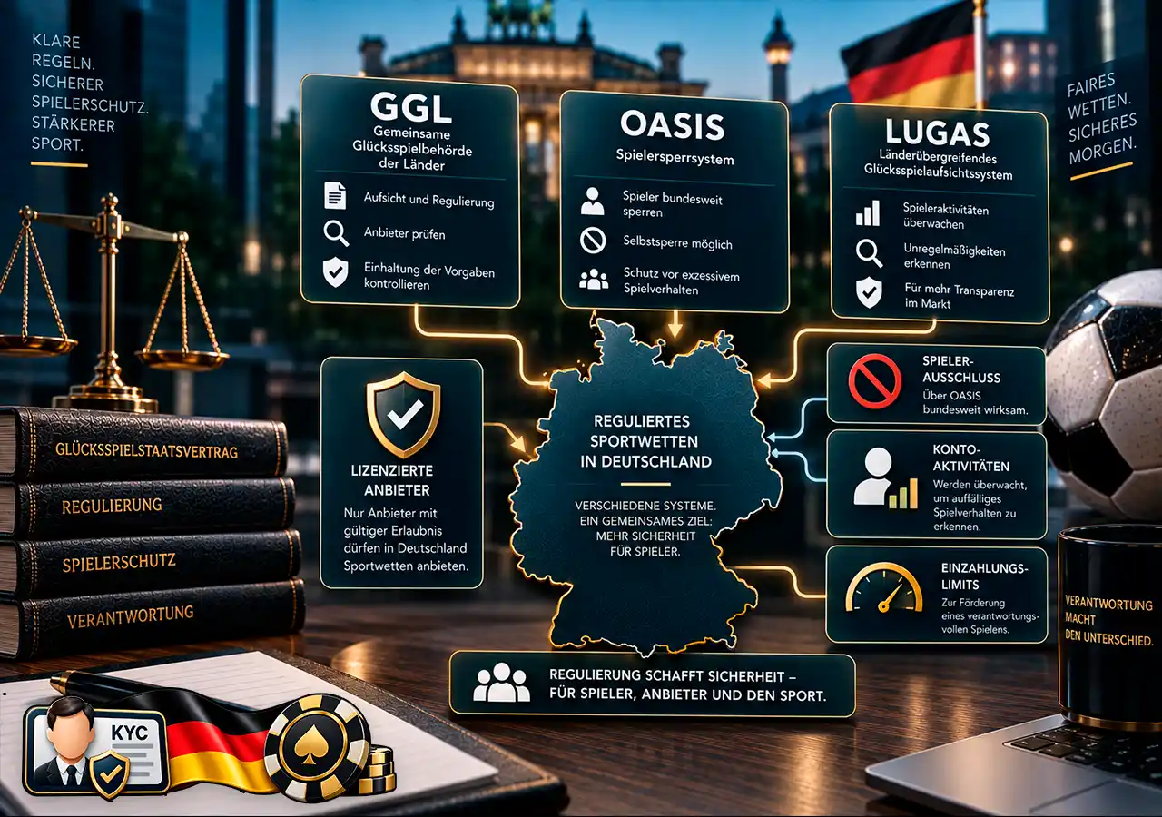 Deutsche Wettregulierung mit GGL, OASIS, LUGAS und zentralen Spielerschutz-Systemen.
