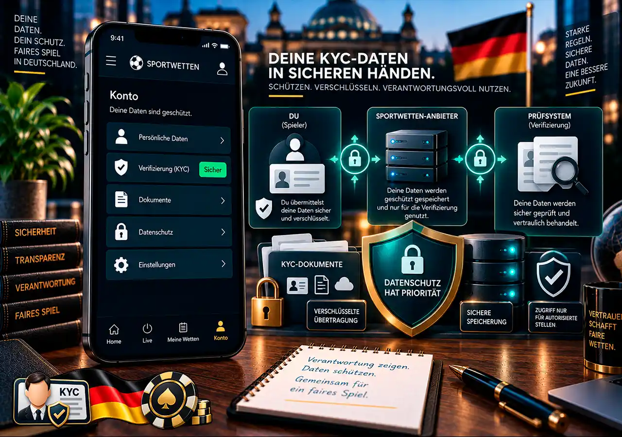 Geschützte KYC-Datenübertragung zwischen Spieler, Wettanbieter und Identitätsprüfungssystem.